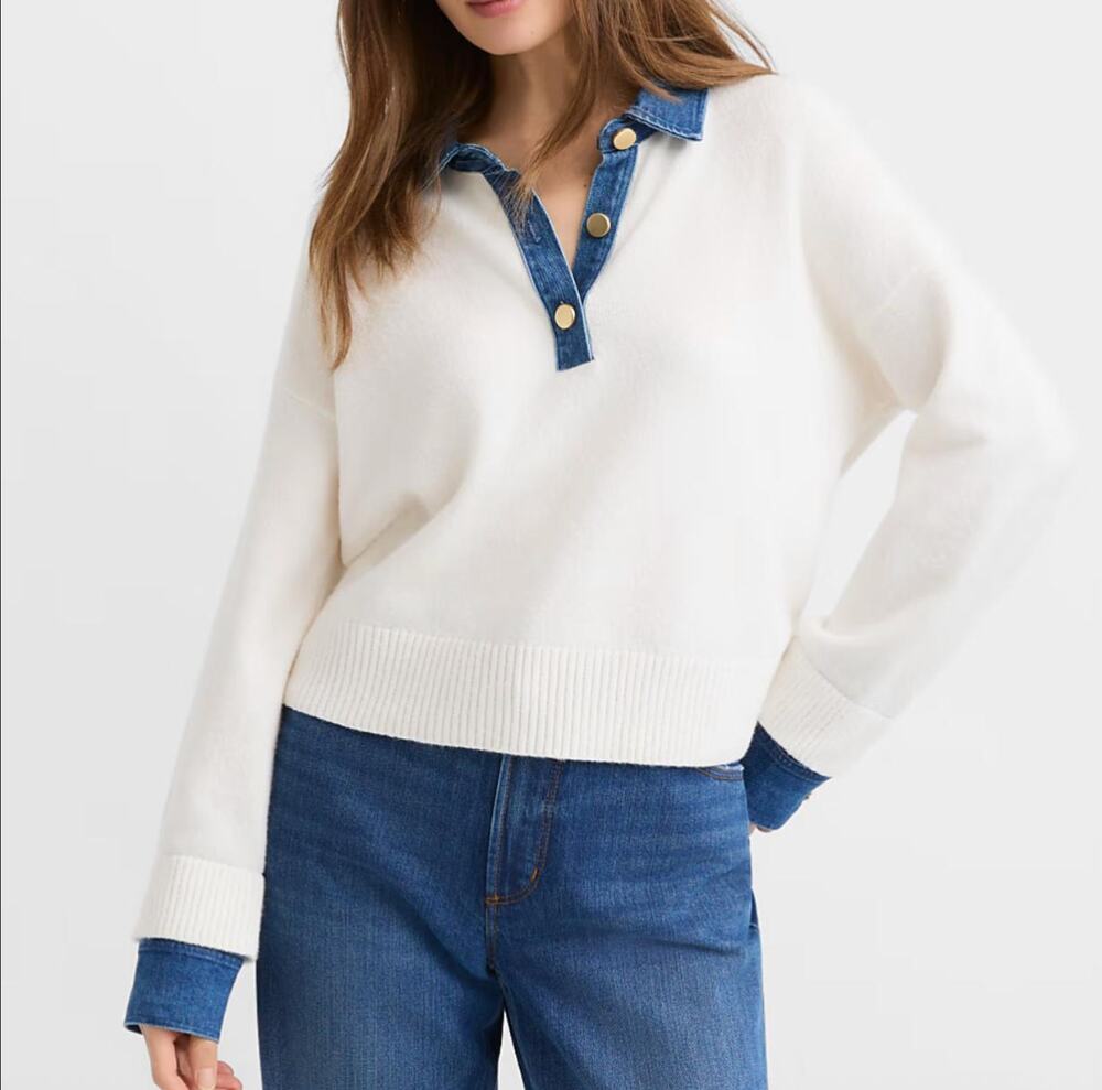 LOFT Denim Collar Henley Long Sleeve Sweater Cream Blue Small